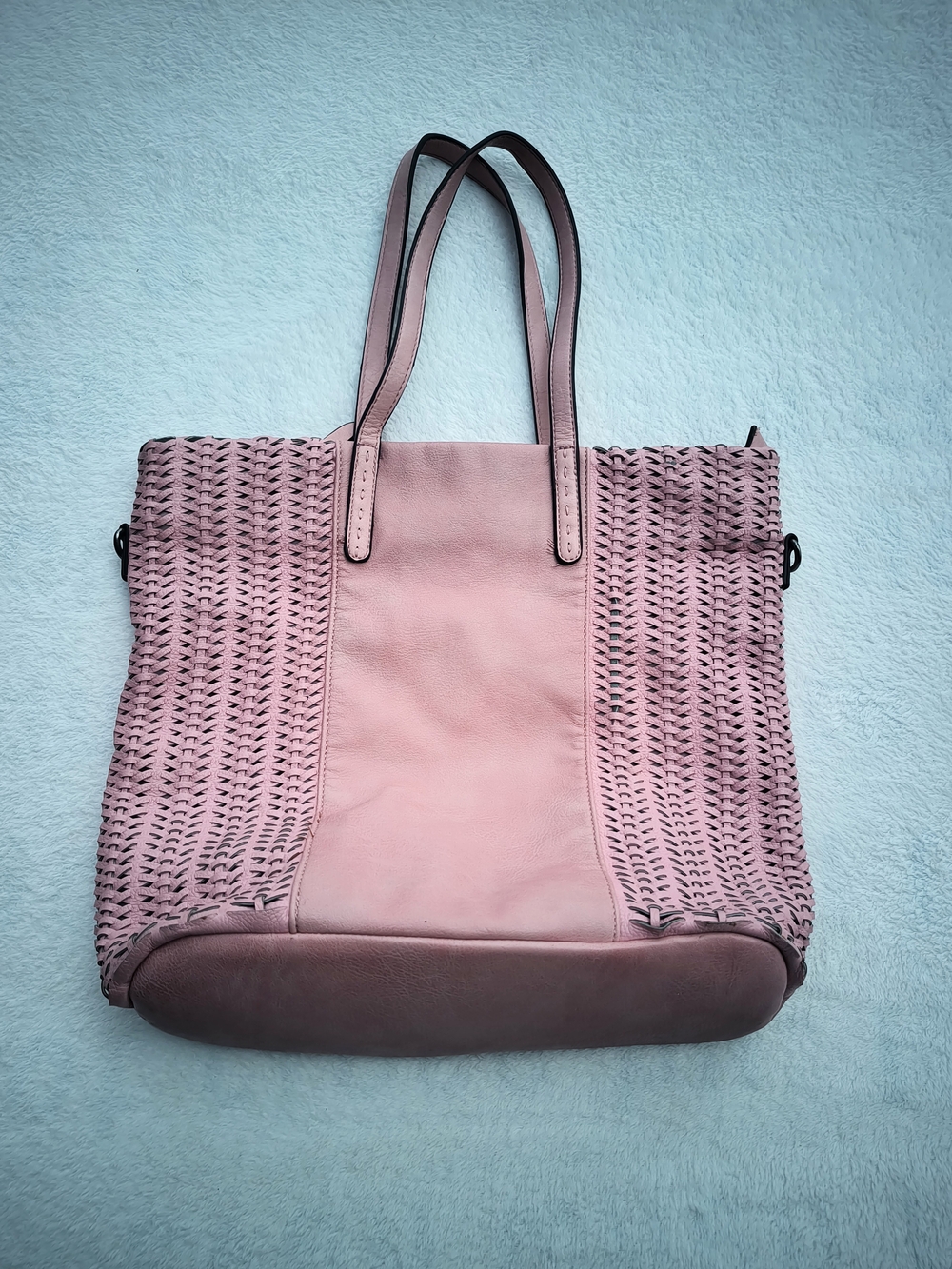 Woven Panel Pink Leather Tote with Dual Straps